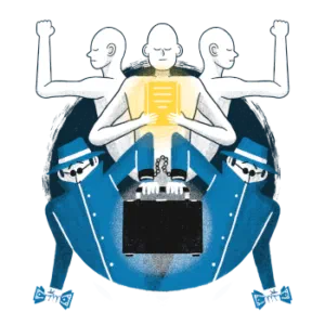 Illustration: people raising their fists behind a whistleblower holding a report, above a chained briefcase