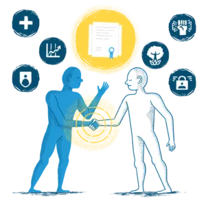 Illustration: two people shaking hands beneath a certificate, surrounded by icons of compliance areas