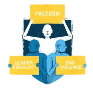 Illustration: people holding up signs reading Freedom, Gender equality and End violence