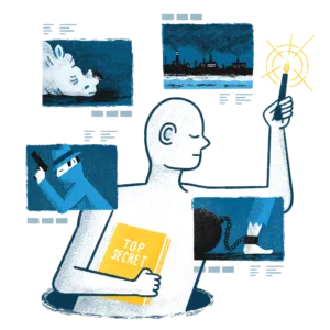 Illustration: a journalist holding a Top Secret folder, surrounded by pinned photographs and press clippings
